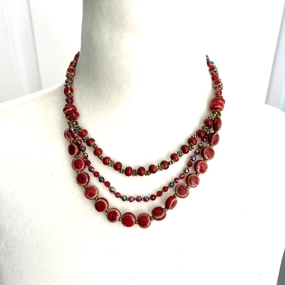 Burnt Red Maroon Handmade Artisan Triple Strand Funky Earthy Necklace